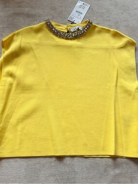 Zara NWT Embellished Neck Yellow Women's Top
